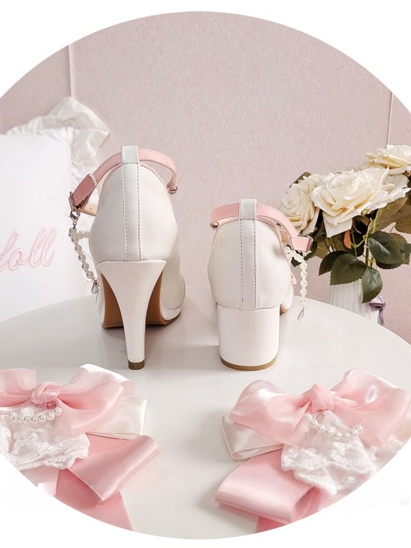 Back Detail Apricot Janes Beaded in Sophisticated Mary Bow Mid-heel PU White Classic Chain Leather