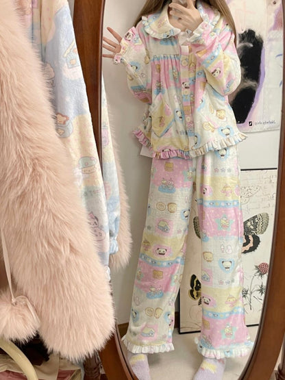 Colorful Peter Pan Collar Thick Pajama Set