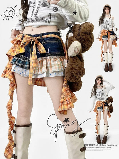 Plaid Shorts And + Pattern Polka-dot Orange Blue Y2K