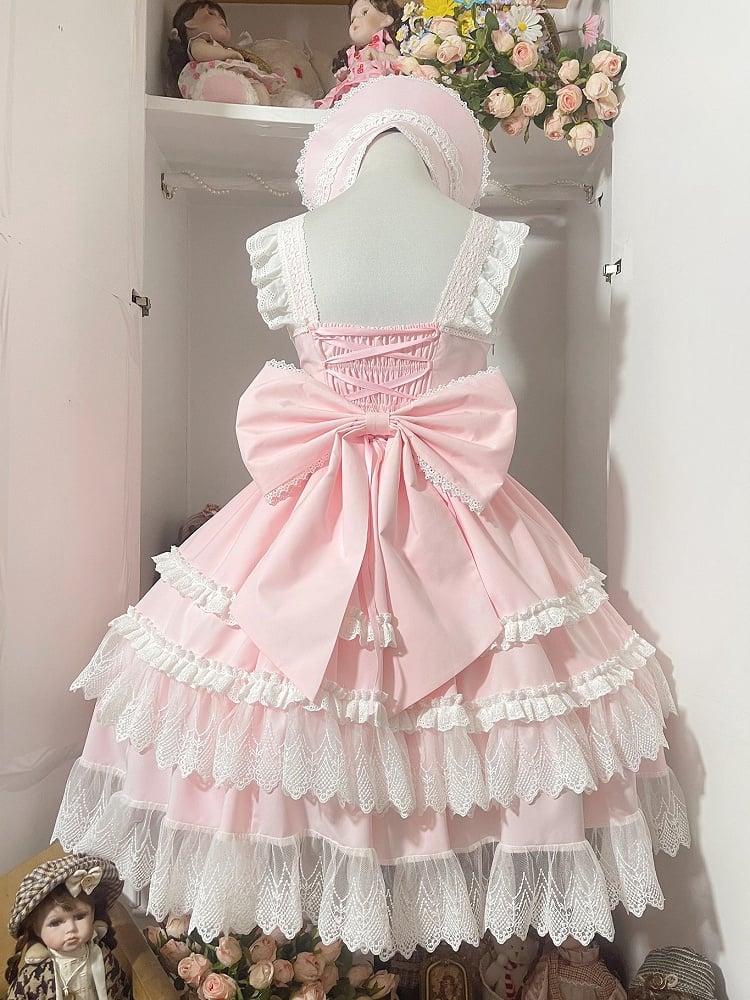 Pink and White Old School Lolita Fashion Dress Bowknot Detais Lolita JSK Set