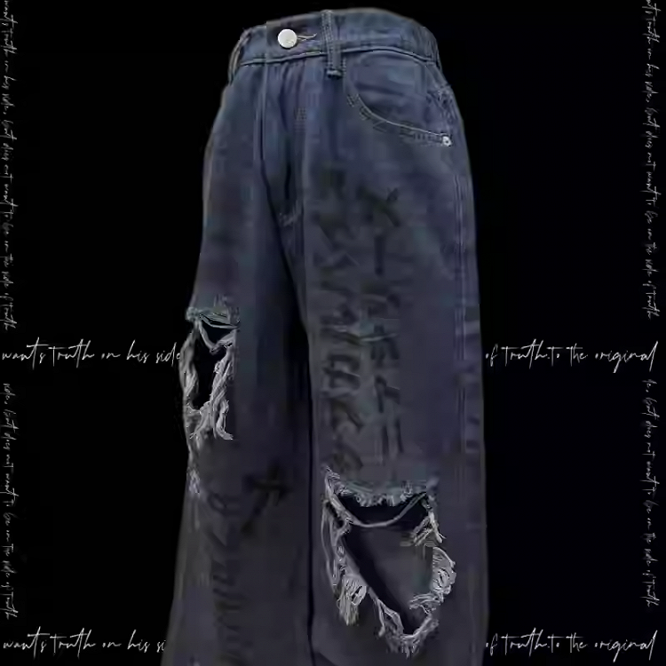 Raw Hem Punk Jeans Blue Distressed Holes