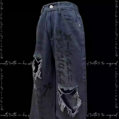 Raw Hem Punk Jeans Blue Distressed Holes