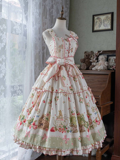 Bunny Lolita Green Dress Print Hemline Fashion House Pink Floral and