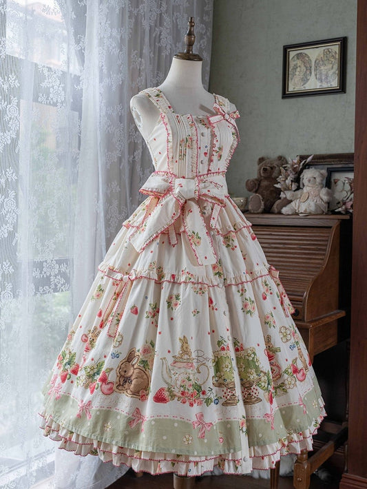Bunny Lolita Green Dress Print Hemline Fashion House Pink Floral and