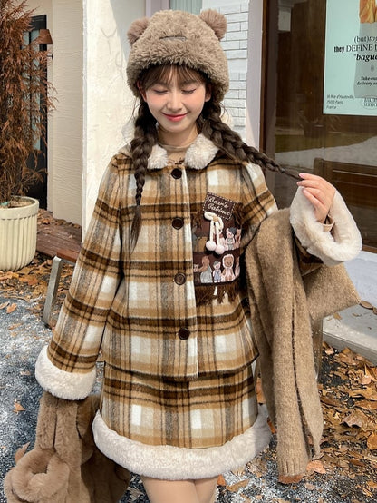 Brown Cute Little Bears Applique Plaid Hooded Woolen Coat Short Version