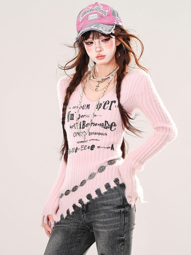 Pink/Black Letters Print Asymmetrical Distress Hem V-neck Slim-fit Sweater