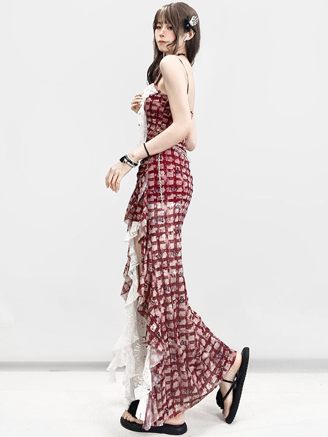 Hem Glamorous Bittersweet Pattern Red Skirt White Dress Cami Set- Plaid Lace Butterfly Asymmetrical +