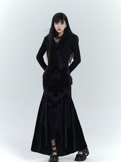 Gothic Black Velvet Rosette Lace Trim High-low Mermaid Skirt