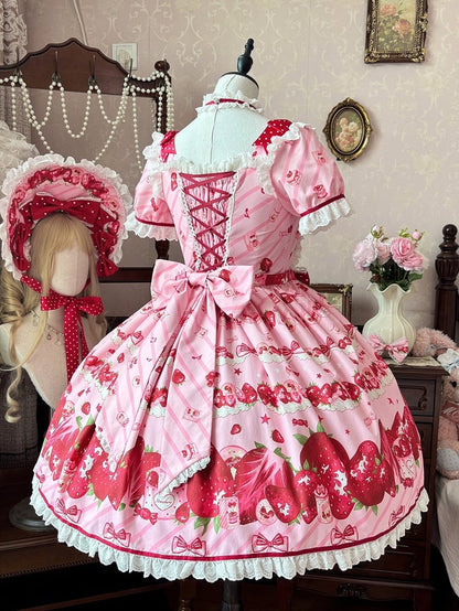 Set Strawberry Dress Sweet Lolita Short Sleeves Full Print Pink