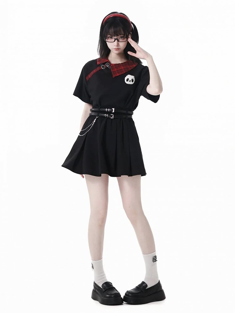 T-Shirt with Panda Straps Plushie Red Plaid Collar Black Buckle