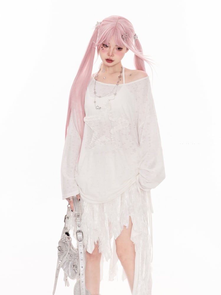 White Asymmetrical Neckline Ruffled Star Drawstring Side Coverup
