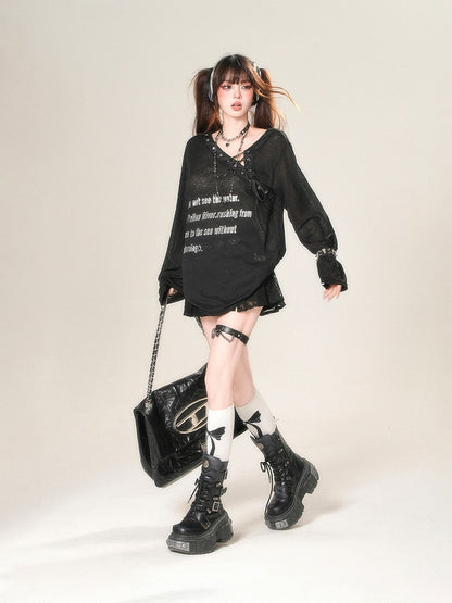 Black/White Semi-sheer Asymmetrical Neckline Sun Protection Top with Lace-up Detail