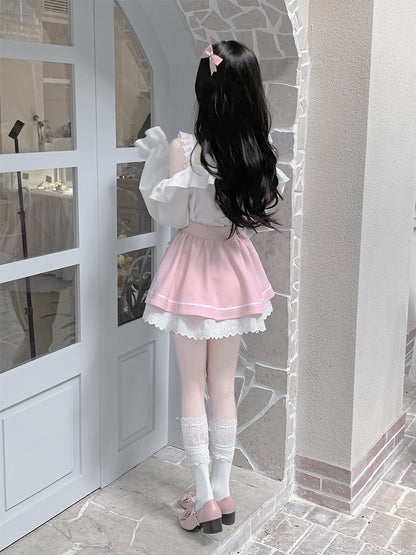 Pink & White Jirai Kei Full Set-Illusion Neckline Cutout Shoulder Top+Apron Design  Skirt+Bow Tie