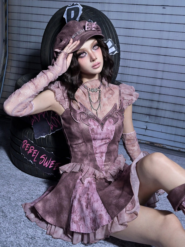 Slip Denim Y2K Totem Embroidery with Punk Ruffles Dress Dusty Pink Studded Tiered Tulle Rhinestoned