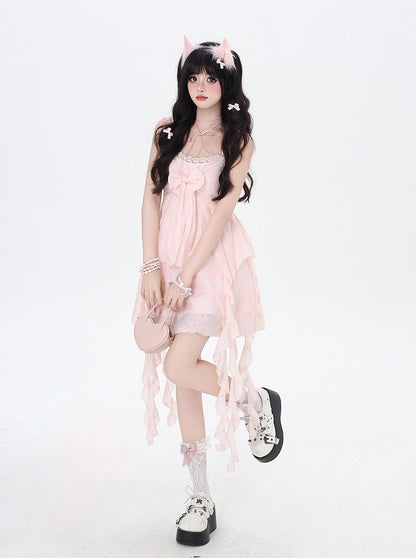 Pink Cascading Ruffle Accents Bow Detail Front Sleeveless Dress