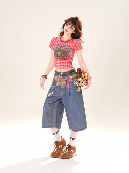 Red Plaid Round Fruit Print Cropped T-Shirt Neck