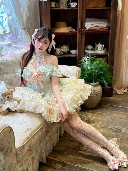 Tiered Skirt Halter Kei Fairy Ruffles Neck Corset Lace Princess Dress Waist Mint Green