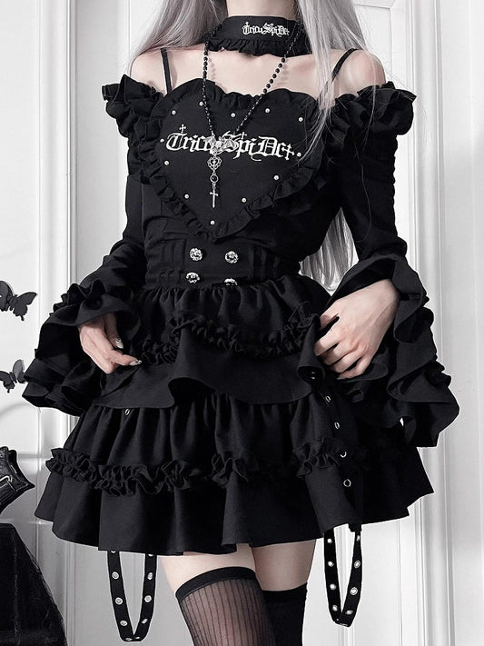 Gothic Ausschnitt Ärmel Off-the-Shoulder Kleid Print Black Bell Letter