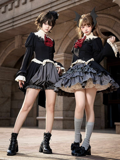 Gray Boned Waist Lolita Four Layers Tiered Ruffle Skirt