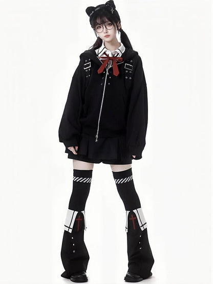 Black Buckle Straps Star Studs Zip Closure Hoodie