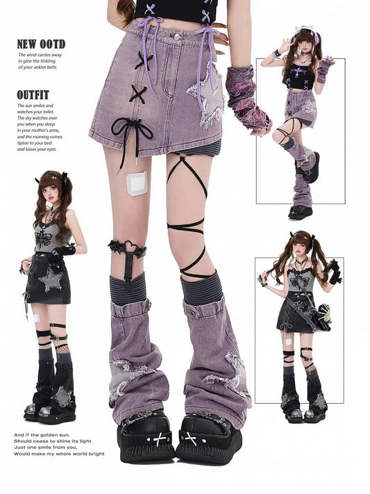 High Leg Waist with Star Denim Free Sleeves Purple Applique Skirt