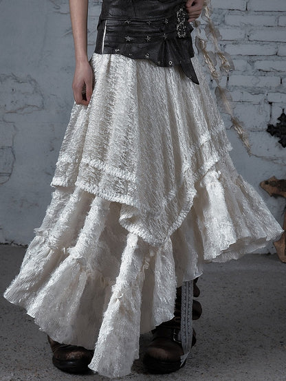 Star Wasteland White Punk Waistline Skirt Flounce PU Asymmetrical Studs Hem