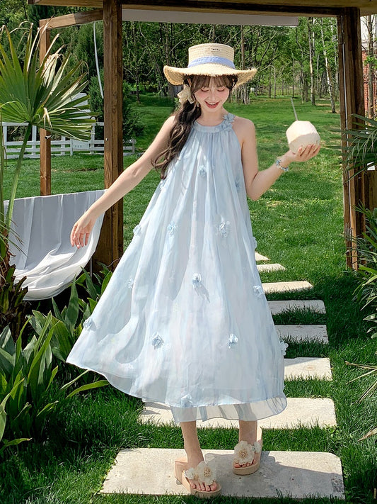 Blue Floral Accents Holiday Chiffon Halter Neck Dress Light