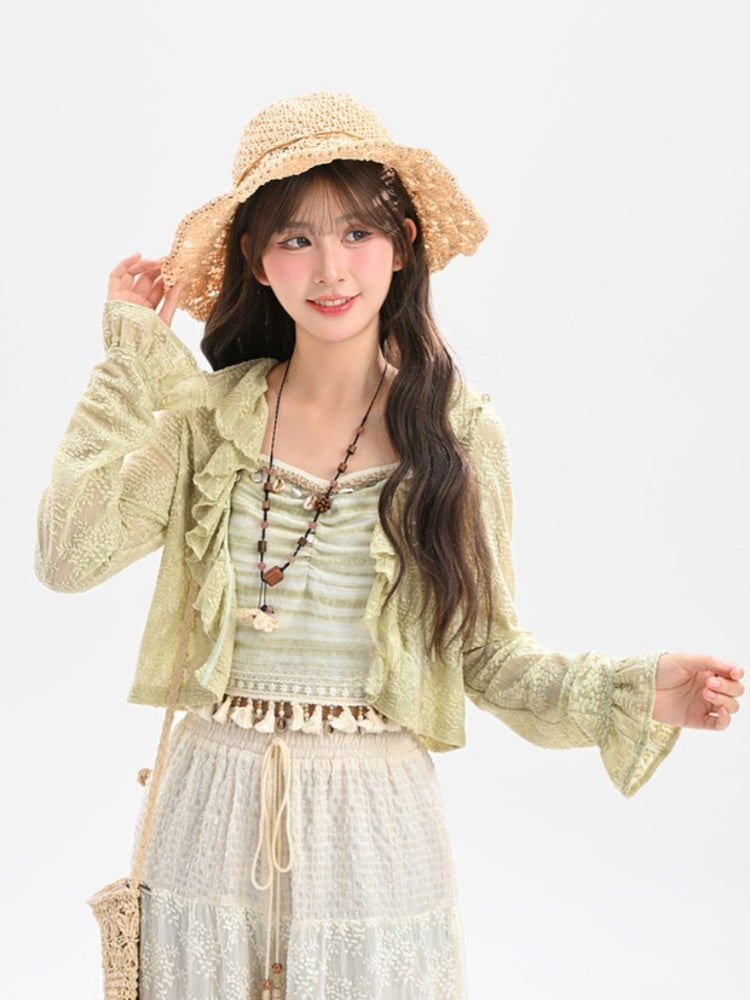 Cami Top Tassel Shell Charm Green Slim-fitting Hem