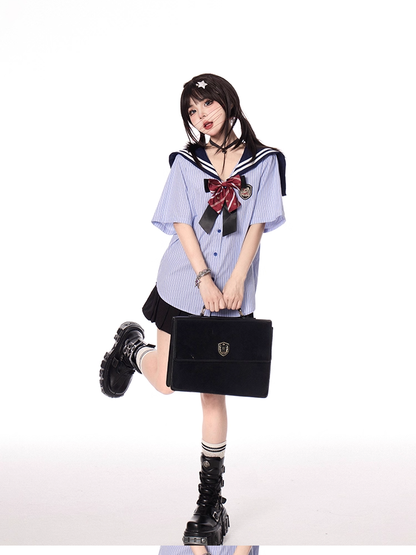 Pleated Skirt Style Double Heart Buckles Black Preppy