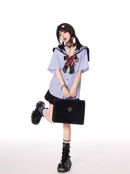 Style Pleated Skirt Double Heart Buckles Black Preppy