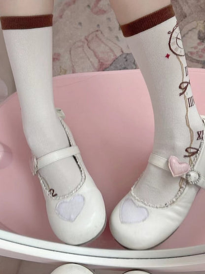 Wonderland Clock Socks Vibes Alice Lolita Calf In Print Brown