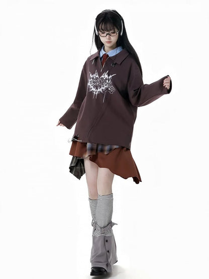 Collar Banded Graphic Sweatshirt Brown Polo Collar Buckle Strap Neckline