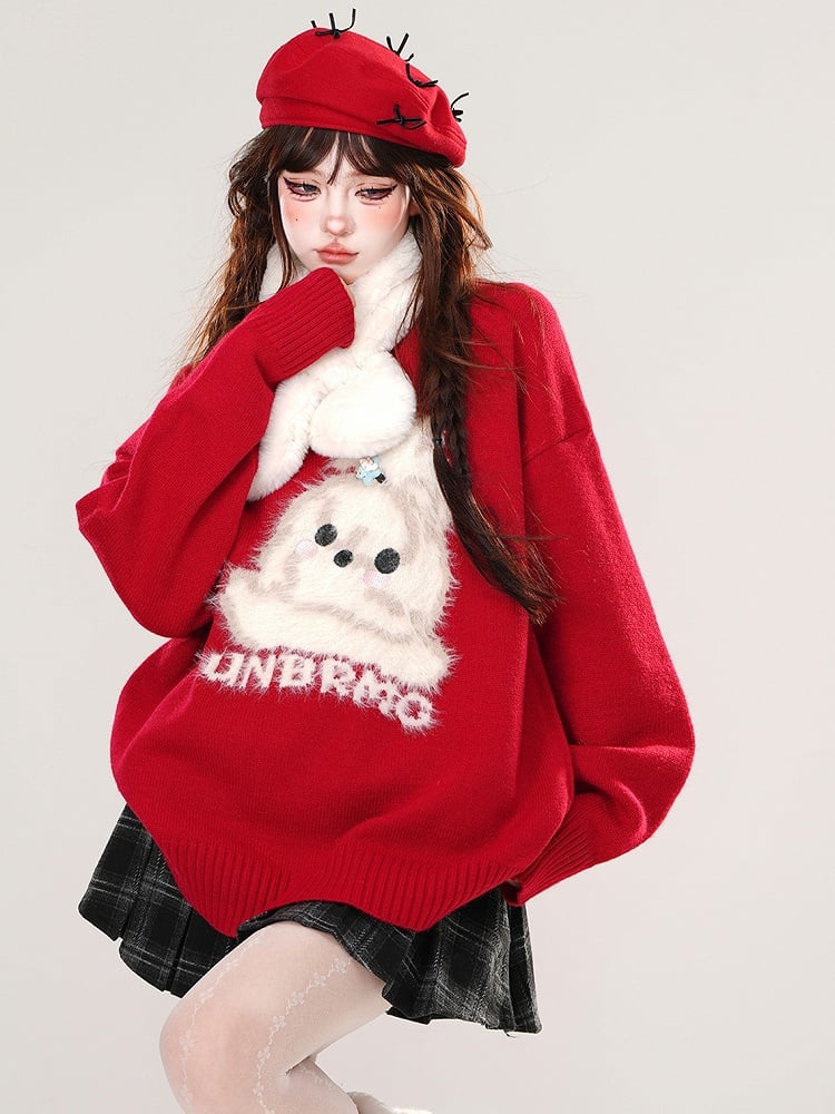 Milk Yellow/Black/Red Cute Puppy Pattern Loose Sweater