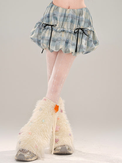 Blue Details Skirt Plaid Bubble Bowknot