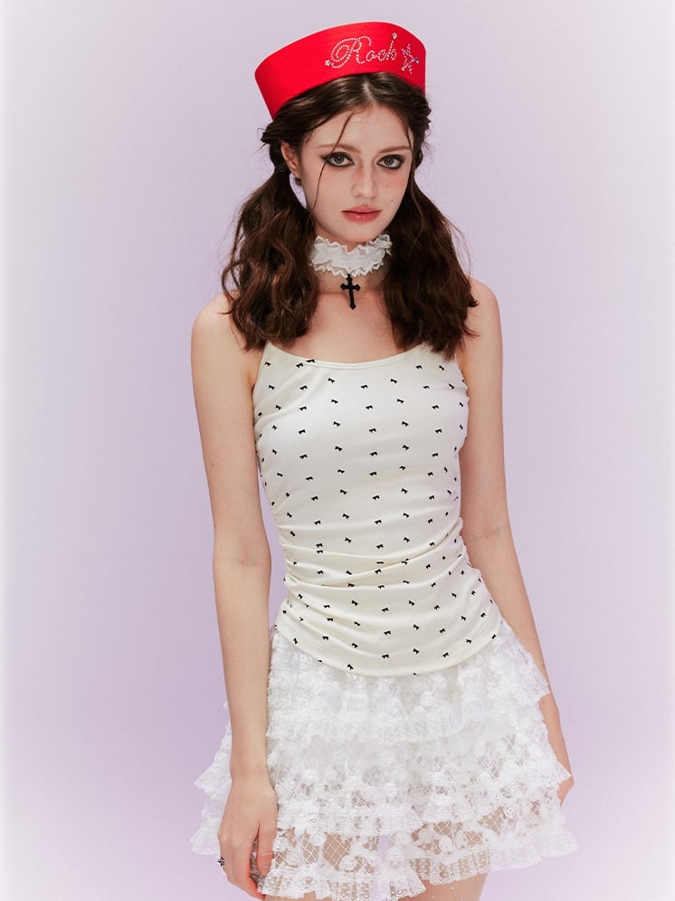 Beige Allover Design Back Cami Top Bowknot Print Wing