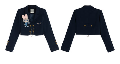 Chain Design Preppy Cropped Blazer Dark Blue