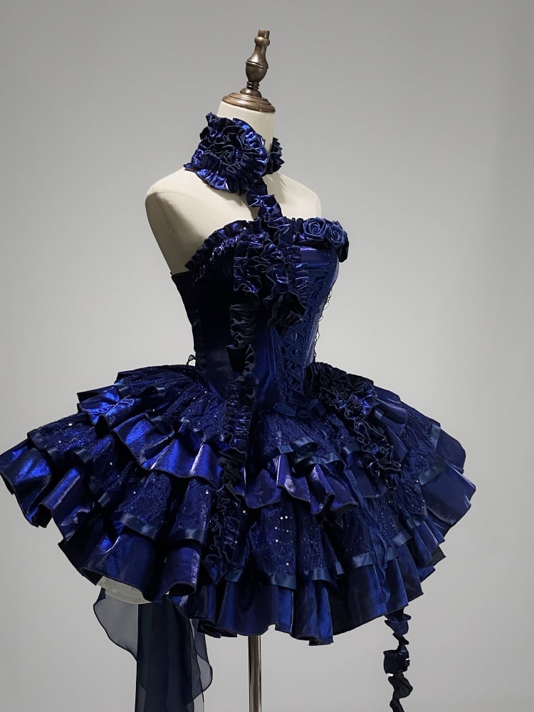 Klein Blue Roses Neckline Lolita Goth Boning Dress Sequins Tiered Puffy Dress