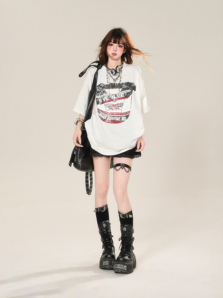 White Crew Neck Sports Loose Graphic T-shirt
