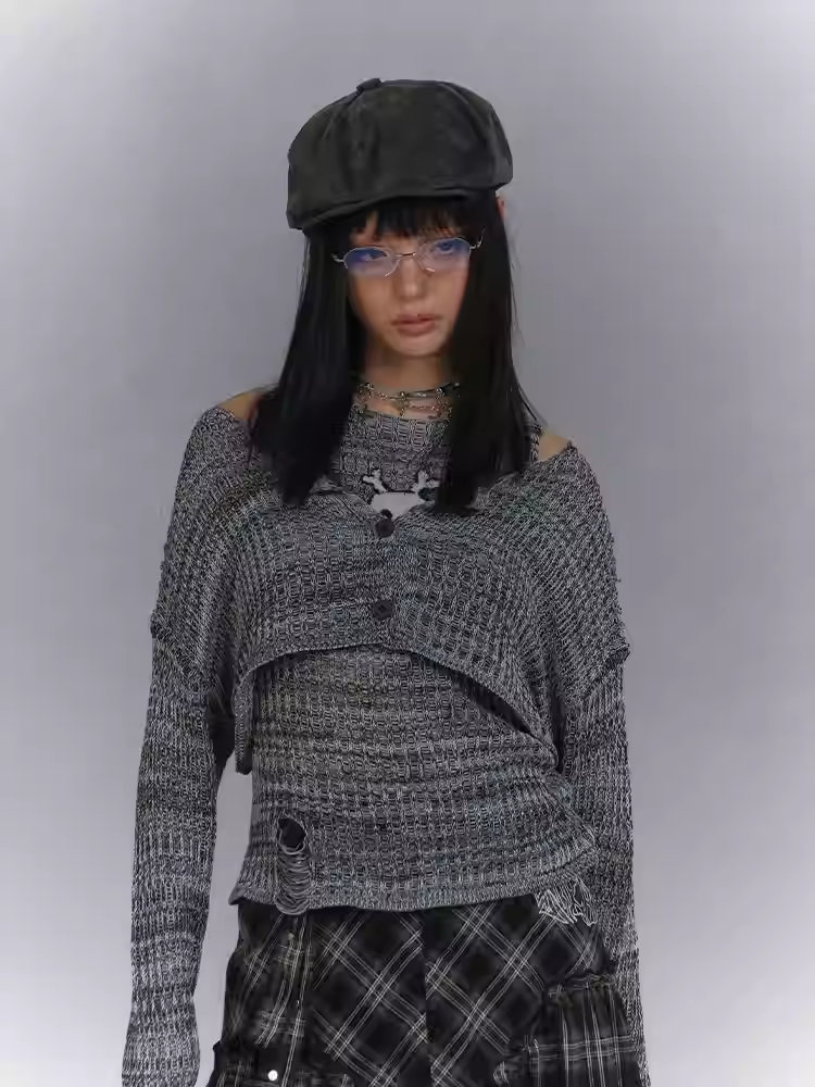 Set Y2K Gray Skeleton Distressed Tank Top with Cardigan Glamorous Holes Pattern