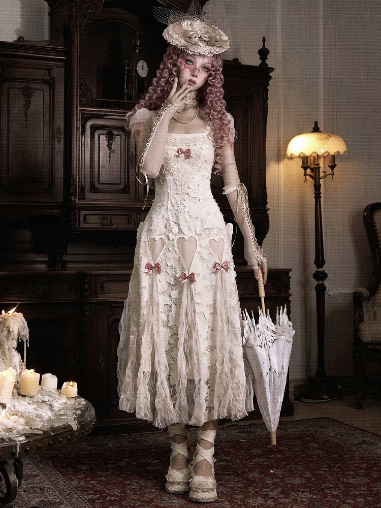 Cream Bows Heart Cutout Light Dress Goth Pink Romantic Slip Summer