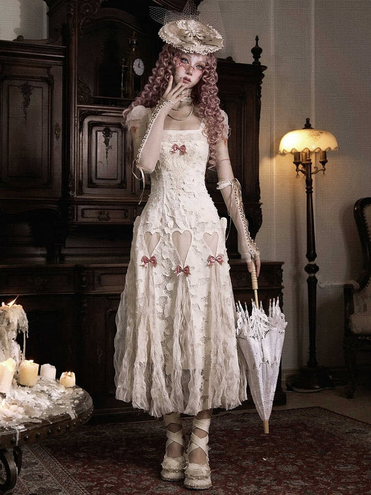Cream Bows Heart Cutout Light Dress Goth Pink Romantic Slip Summer