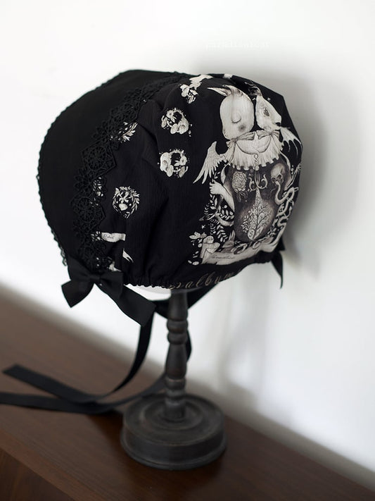Bunny Bonnet Dark Lolita Print Black