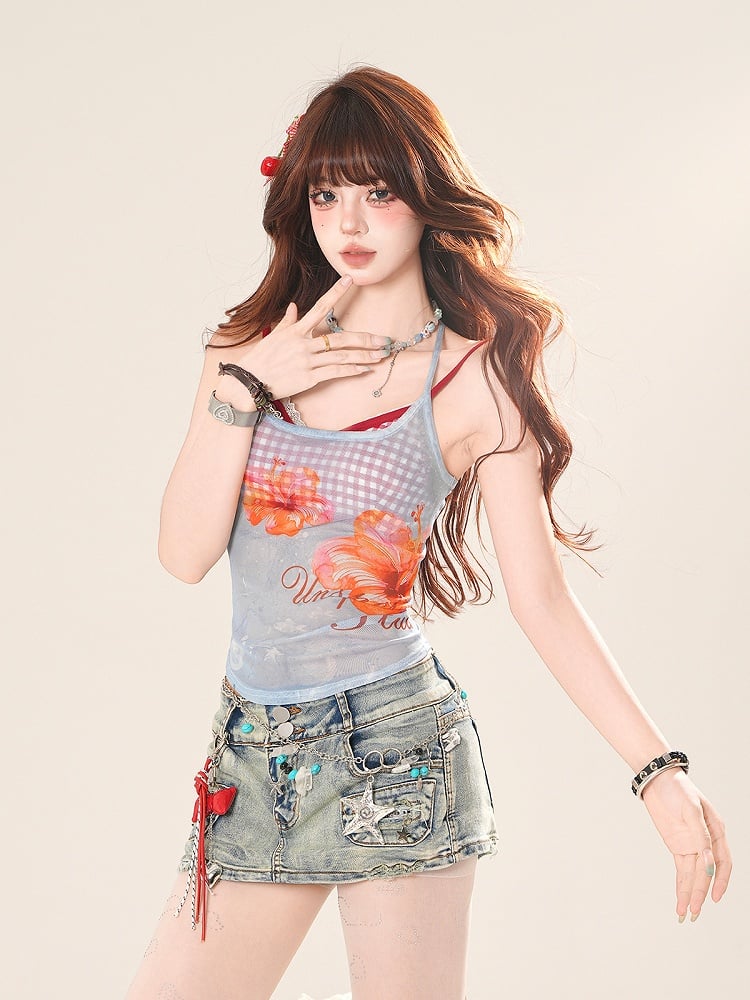 Pink/Blue Floral Print Semi-Sheer Halter Neck Top with Red Plaid Camisole Set