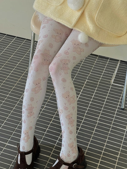 White Sweet Bear Heart Tights