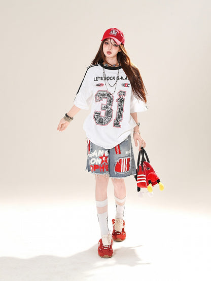 White Blokette Core Print Loose T-Shirt Number