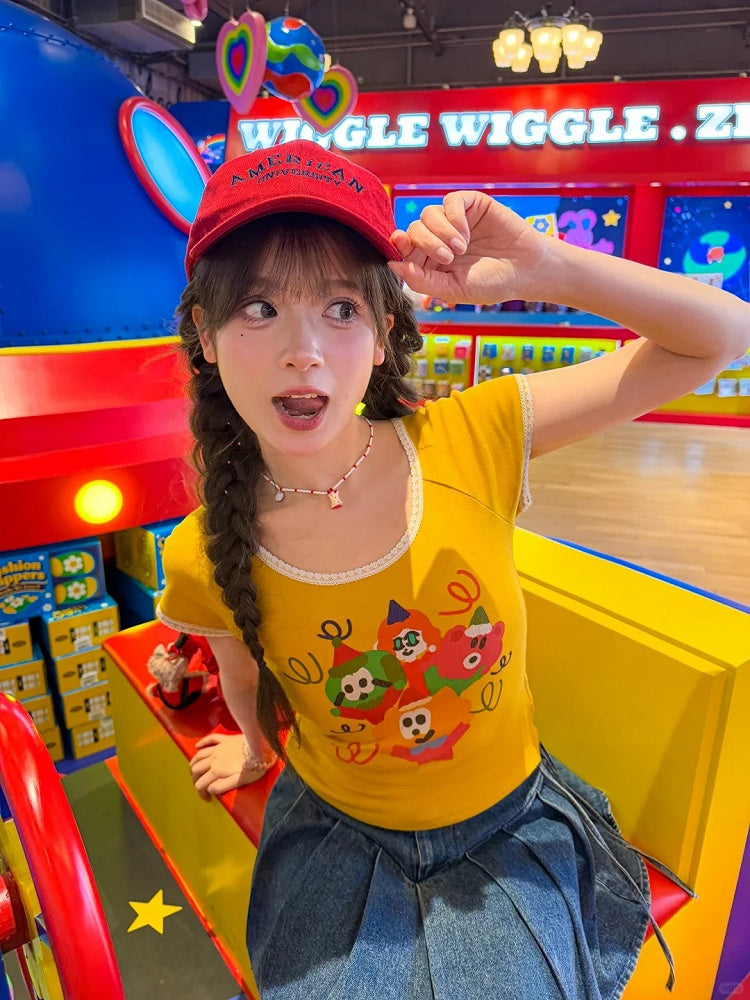 Cartoon Print T-Shirt Neck Ginger Lace Trim Round