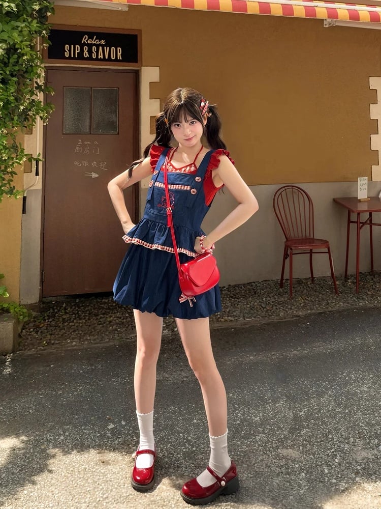 Red Plaid Hem Kitty Embroidery Buttons Heart Blue Sleeveless Top