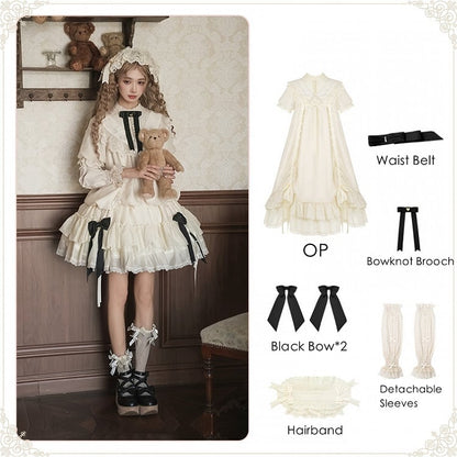 Bows Beige Fashion Drawstring Lolita Dress Black with Design Versatile and Waist Belt