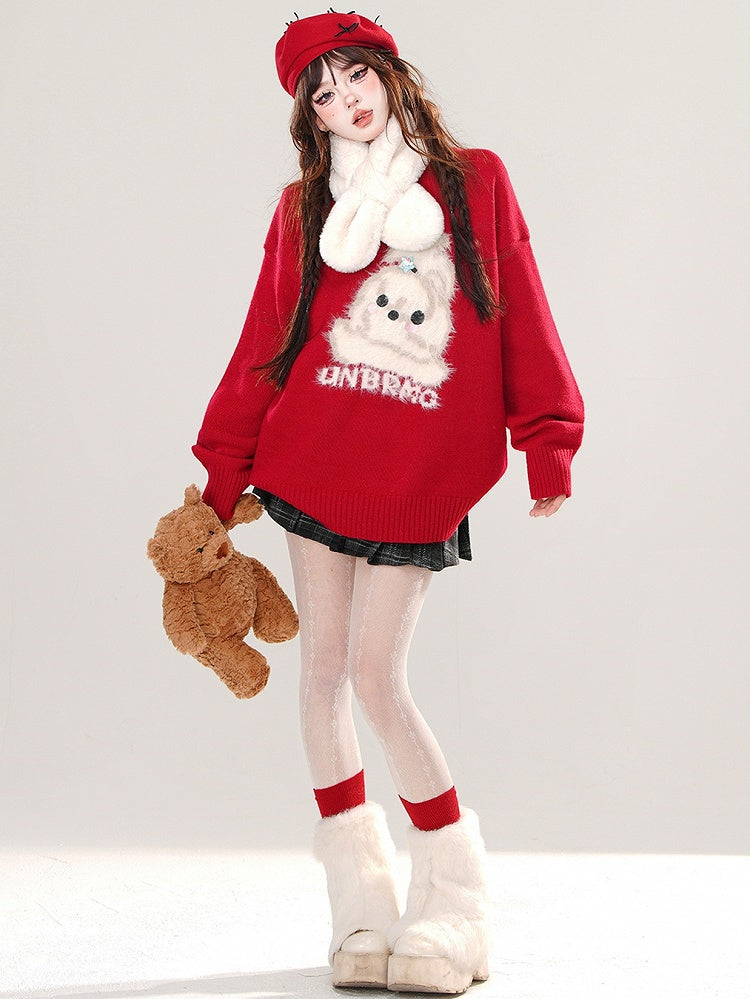 Milk Yellow/Black/Red Cute Puppy Pattern Loose Sweater