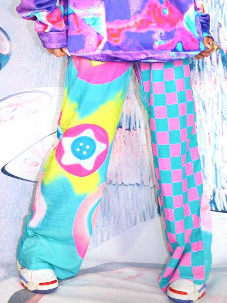 Star Print Heart Pants Cut Colorful Pattern Checked And Y2K Wide-leg